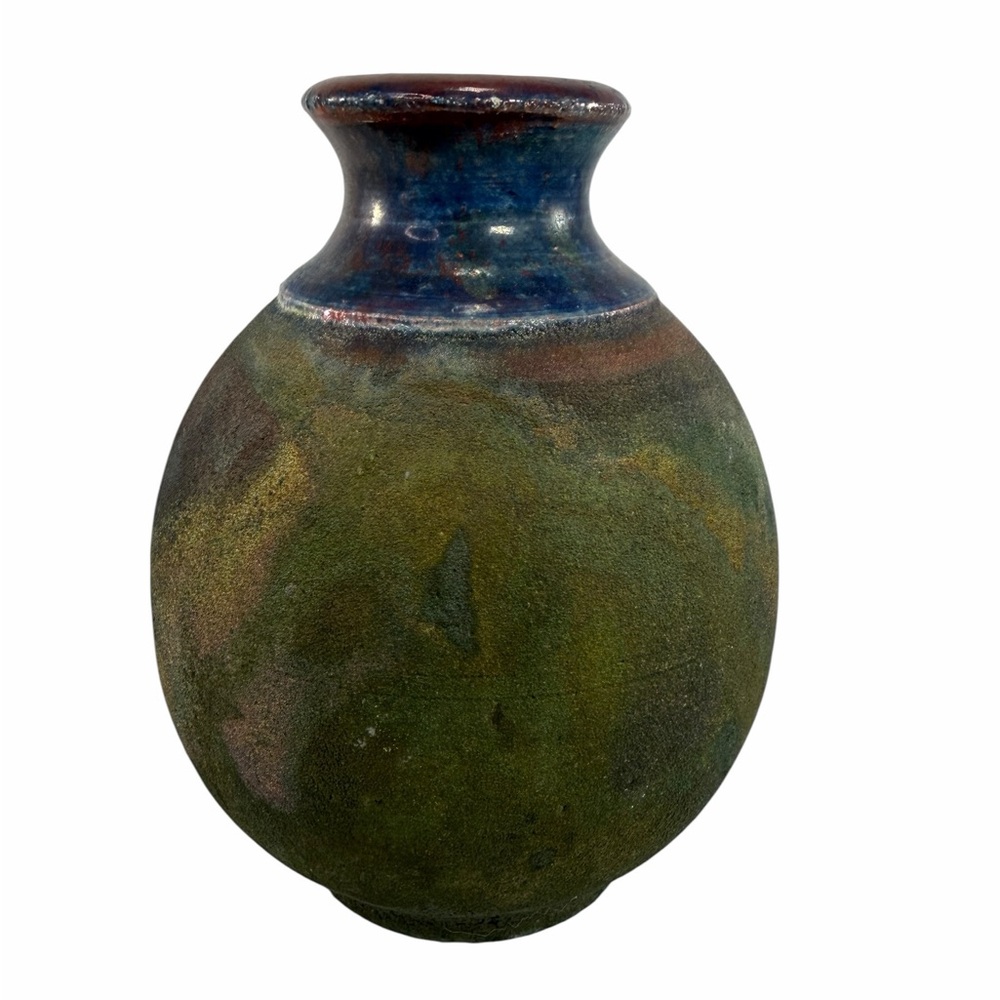 Vintage Raku Fired Art Pottery Bud Table Vase Floral Green Gold Blue Signed